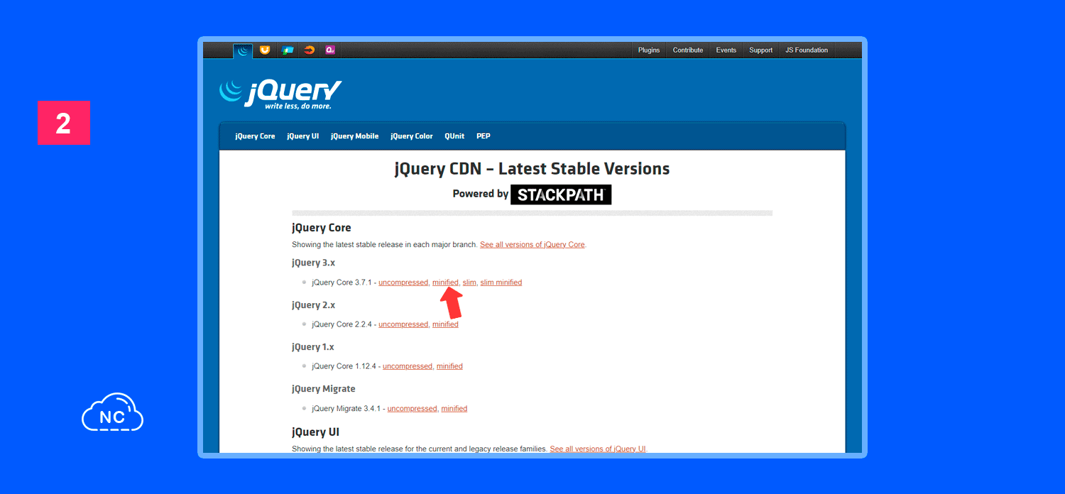 Página oficial del CDN de jQuery para aprender a Como Usar jQuery en WordPress Rápidamente