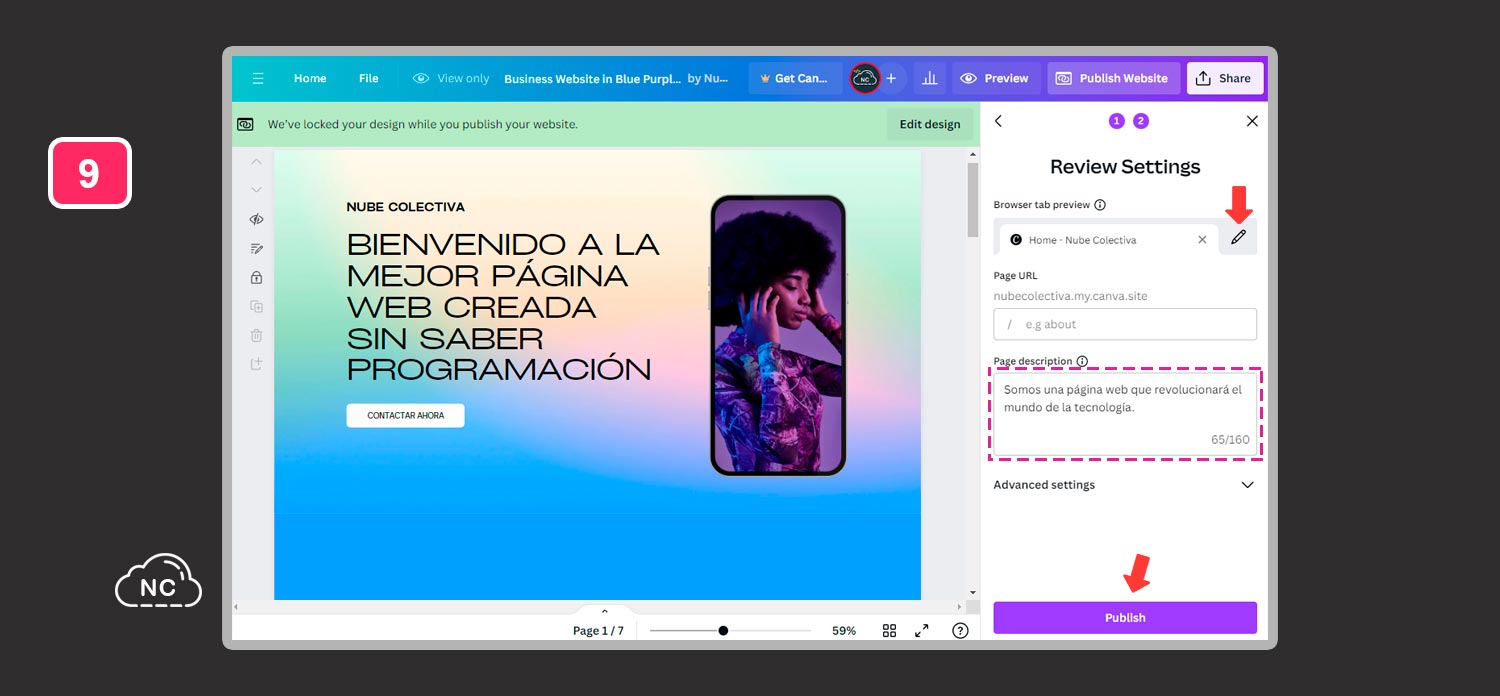 Último paso antes de publicar la web creada sin saber programar