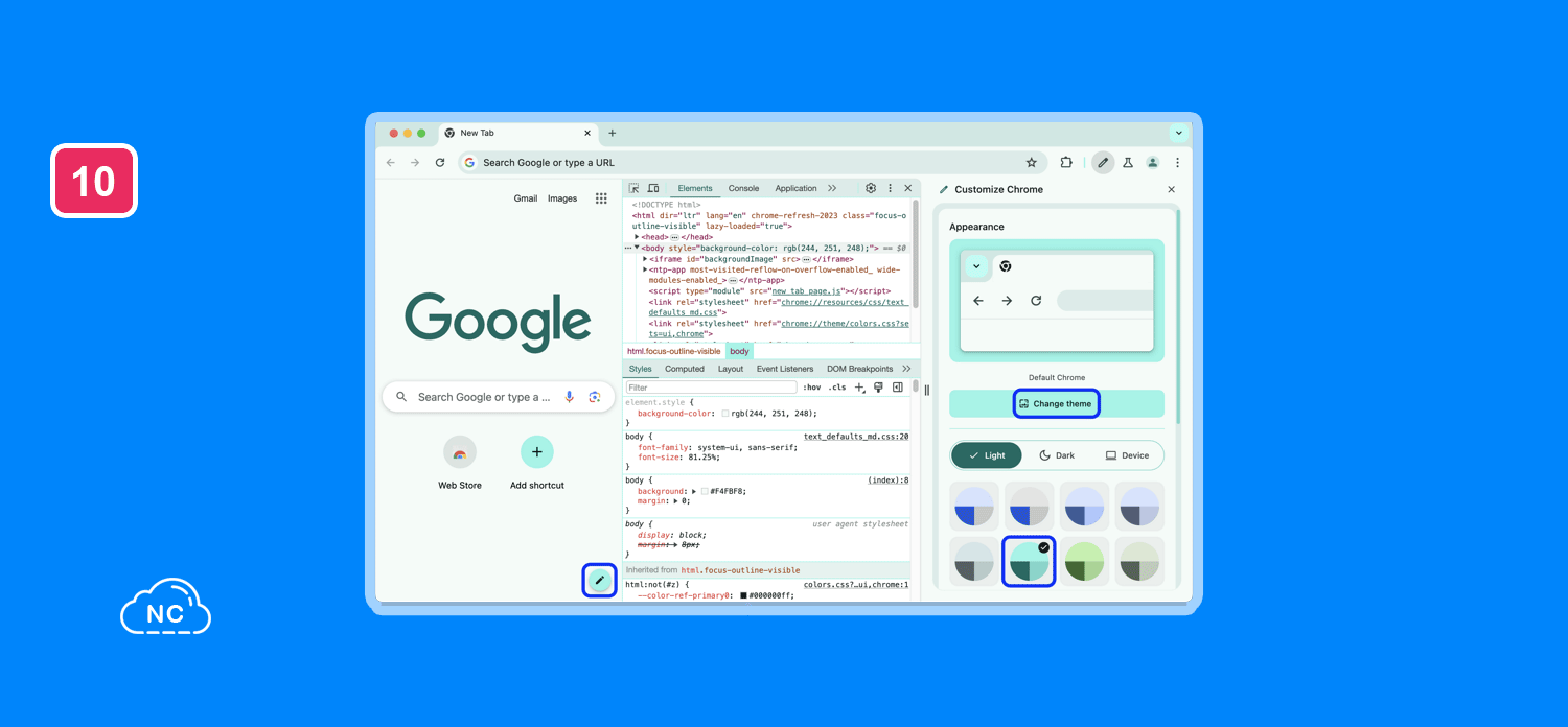 Panel para personalizar el tema de color de Chrome