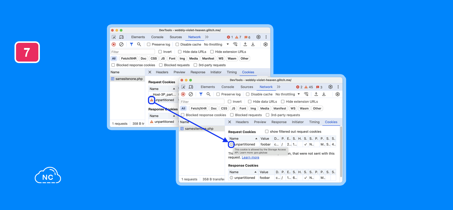 Información sobre herramientas con motivos de exención para cookies de terceros en Network > Cookies